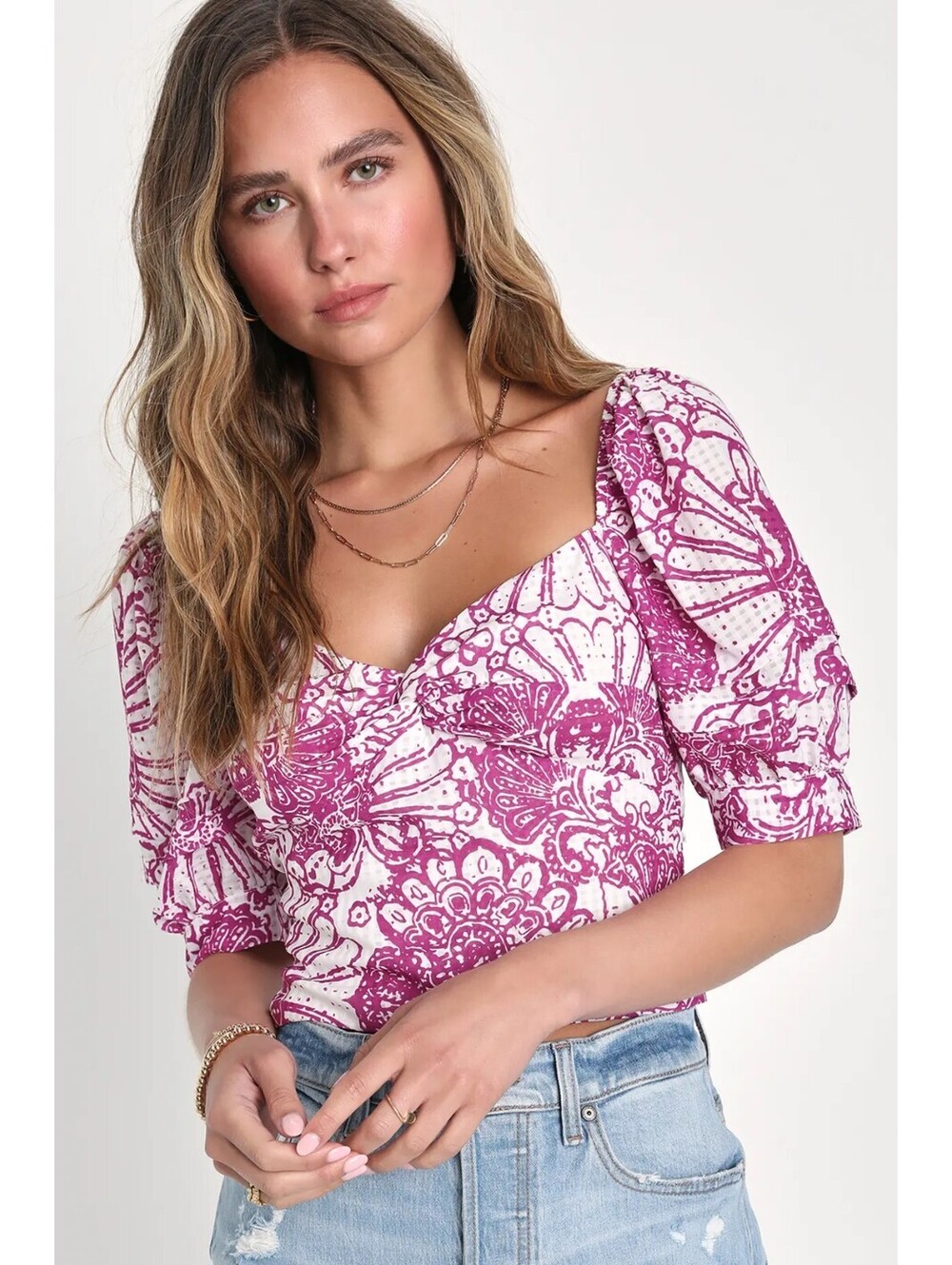 Purple and White Patterned Puff Sleeve Crop Top with Back Tie